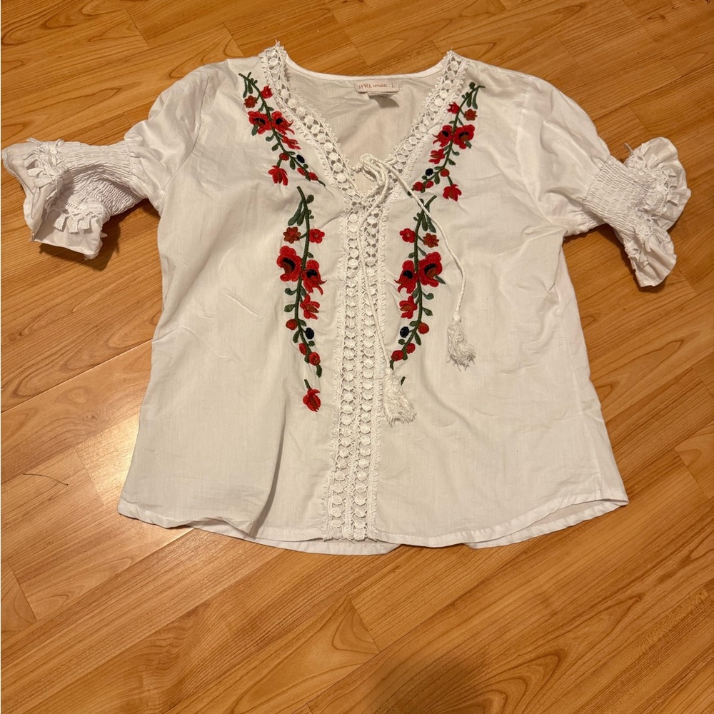 Cotton Embroidered White peasant Blouse with Red Floral Accents